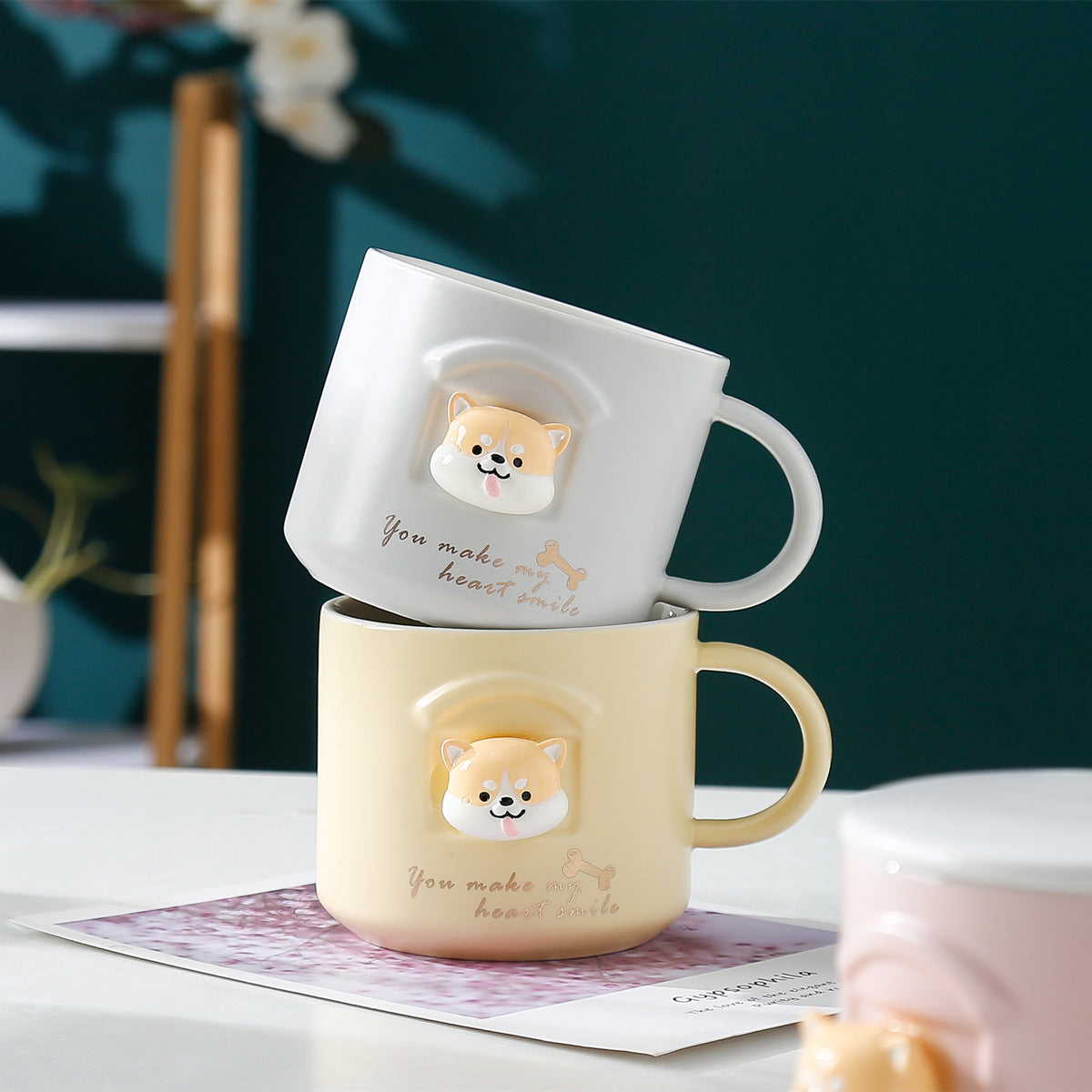 Three-dimensional Shiba Inu Cute Cartoon Ceramic Water Cup With Lid Spoon