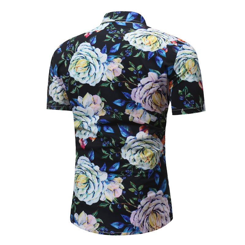 Summer New Men's Slim-fit Pointed Collar Youth Casual Short Sleeve Printed Shirt