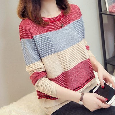 New Women's Korean Style Color Matching Loose Striped Long Sleeves