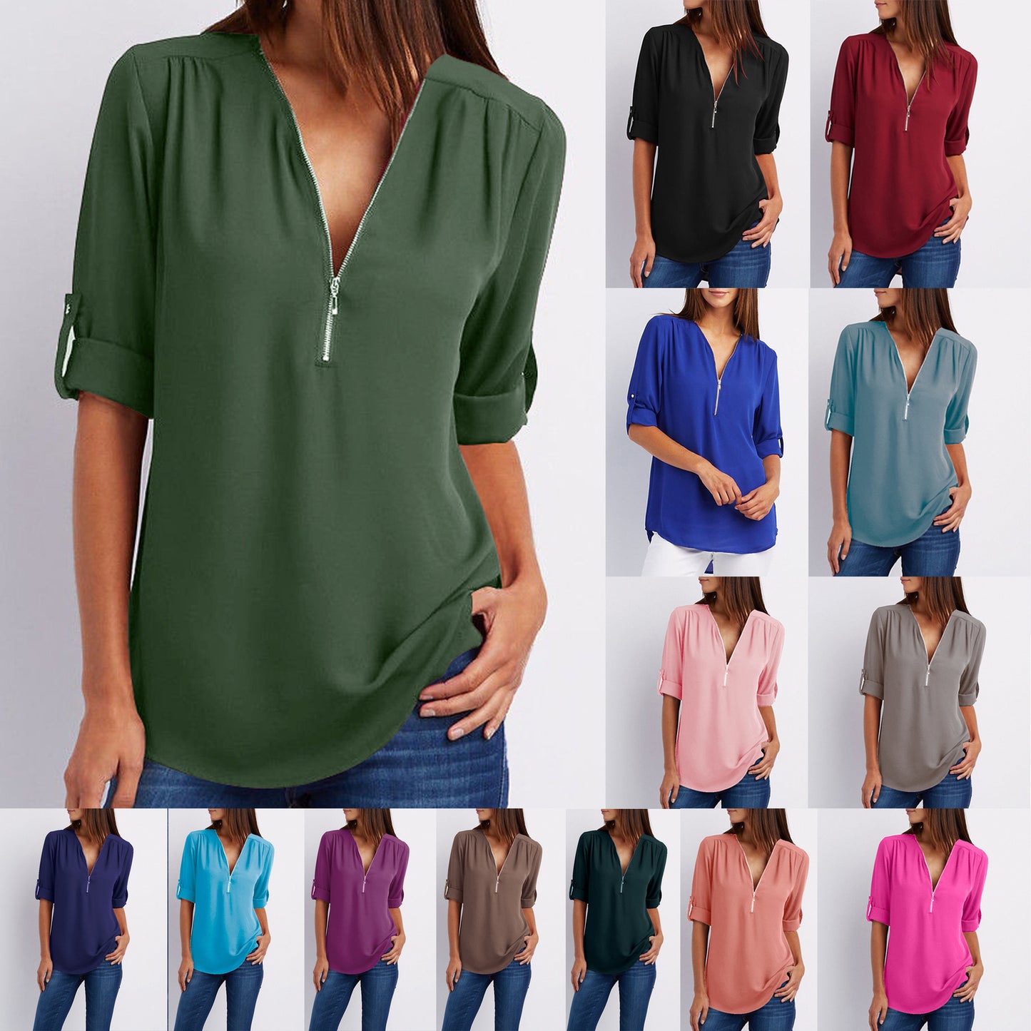 Large Size Long Sleeve Loose V-neck Shirt