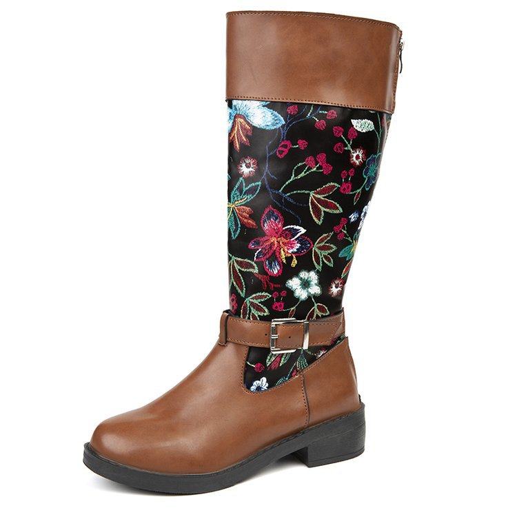 Flower Print Western Boots Fashion Mid Knee High Boots Winter Shoes