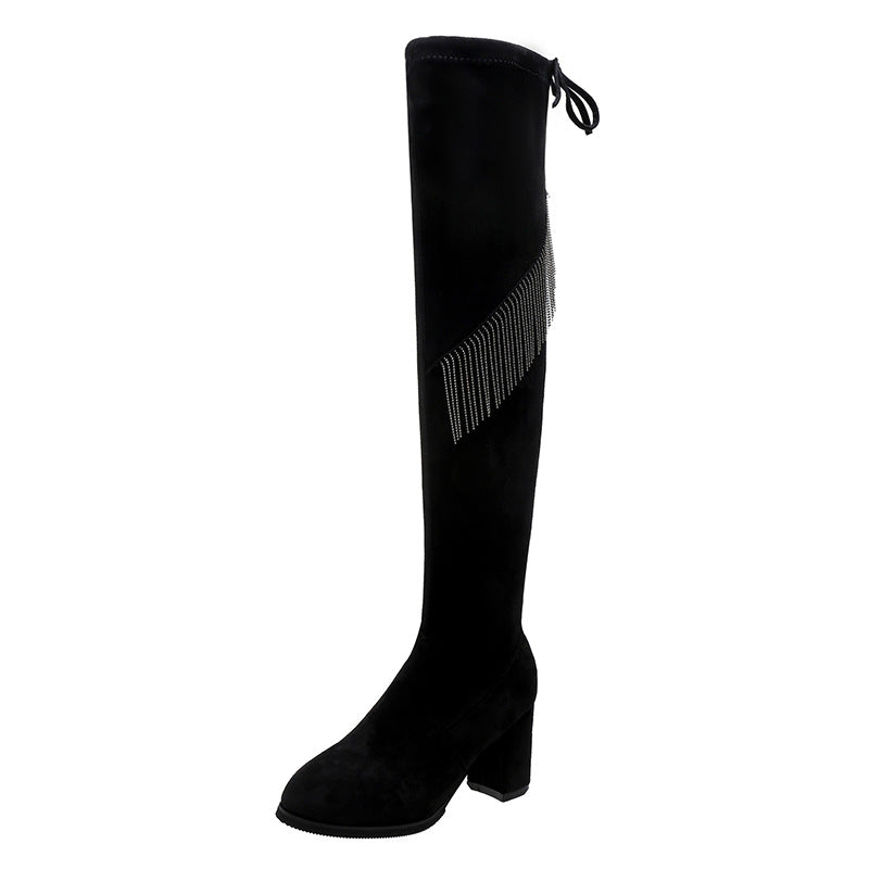 Over The Knee Boots Faux Suede Rhinestone Fringe Trim Western Boots