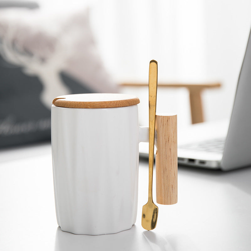 Simple Straight Ceramic Mug With Wooden Handle