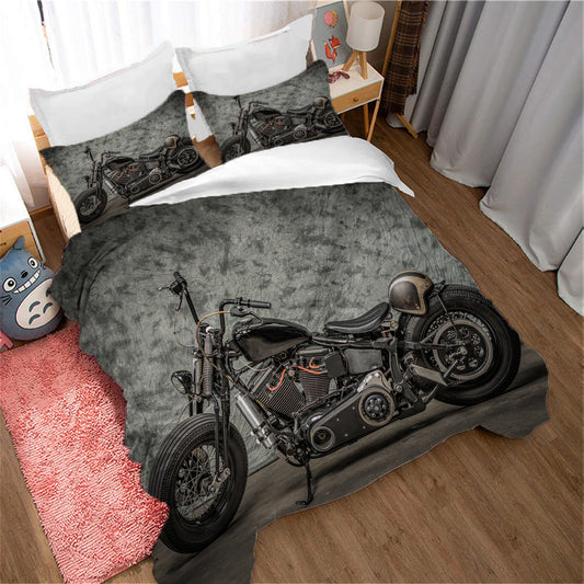 Dark Retro Motorcycle Quilt Cover Three-piece Set