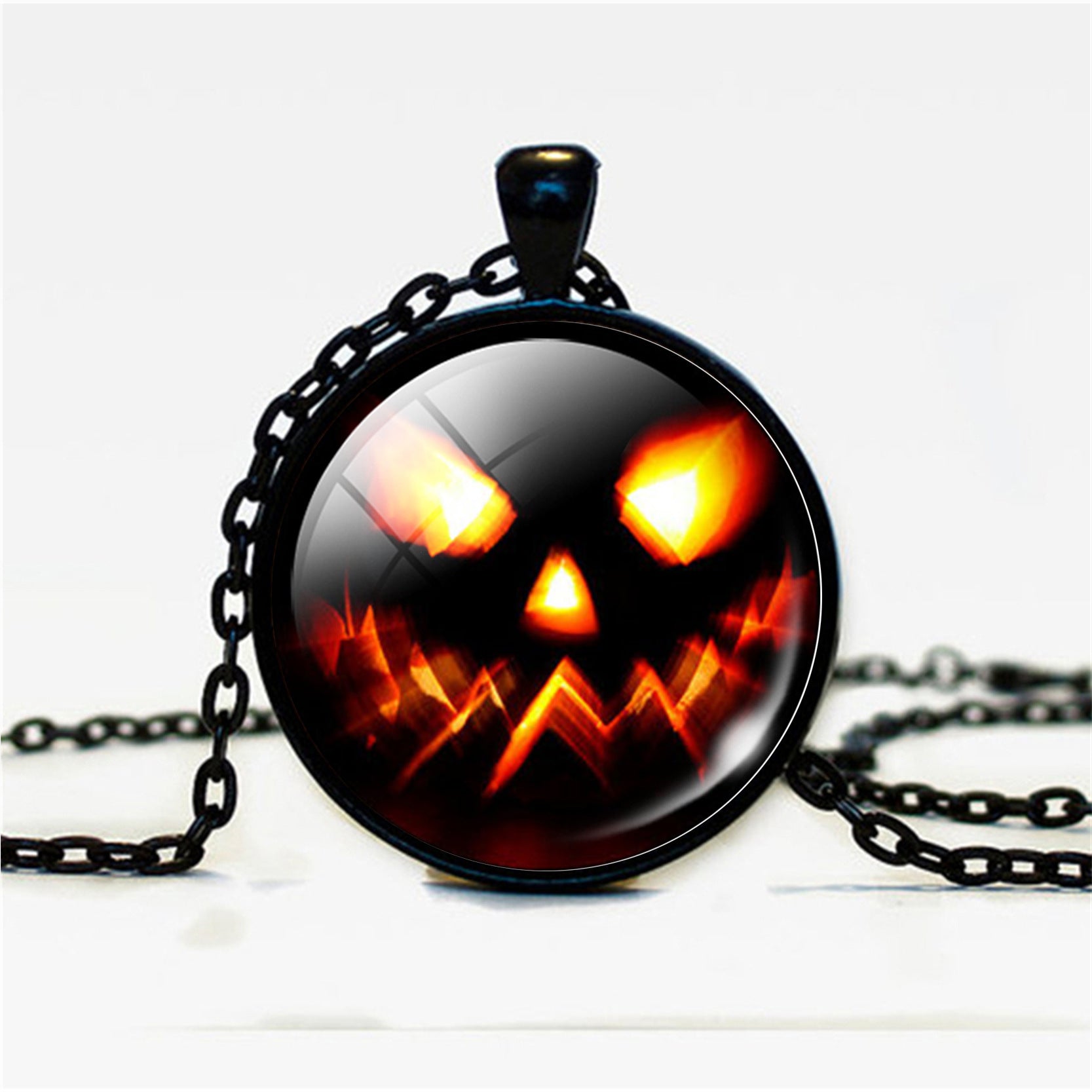 Halloween Pumpkin Time Gemstone Glass Pendant Necklace