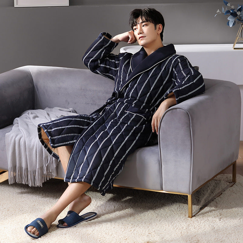 Simple Thick Cotton Long-sleeved Men's Pajamas