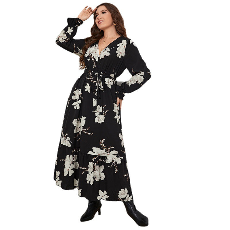 Temperament Elegant Printed V-neck Petal Sleeve Women's Large Size Dress