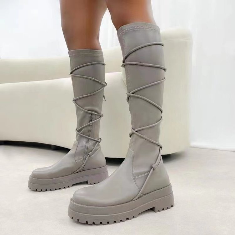 Lace-Up Platform Boots White Long Cowboy Boots Women