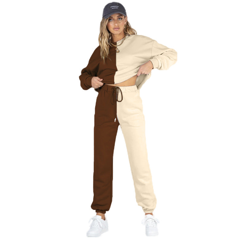 Symmetrical Stitching Round Neck Trousers Women's Long-sleeved Sweater Suit