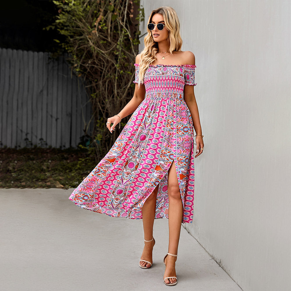 Women's Dress Boho Floral Print Off Shoulder Split Long A Line Beach Dress