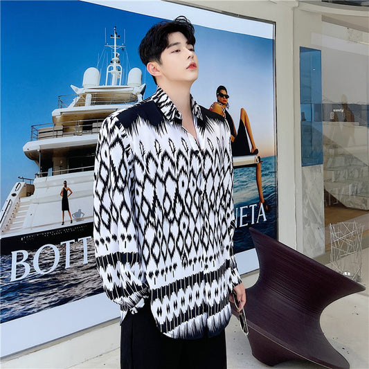 Black And White Contrast Geometric Pattern Casual Shirt