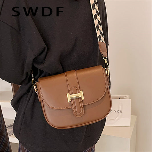 Solid Color Flap Square Crossbody Bags For Women PU Leather Trendy Wide Strap Designer Handbags Ladies Luxury Small Shoulder Bag