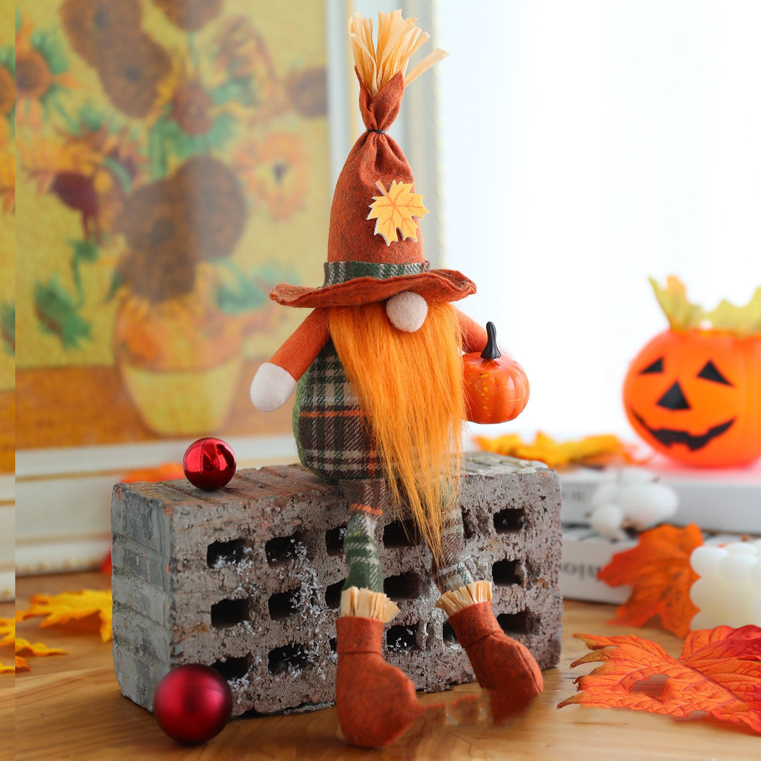 Harvest Festival Orange Pumpkin Broom Witch Scarecrow Faceless Doll