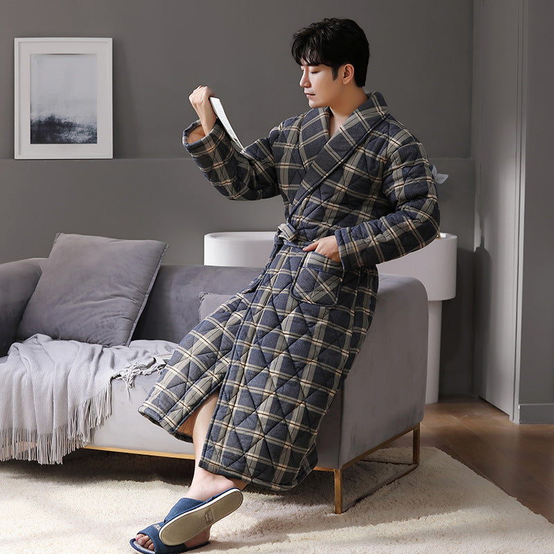 Simple Thick Cotton Long-sleeved Men's Pajamas