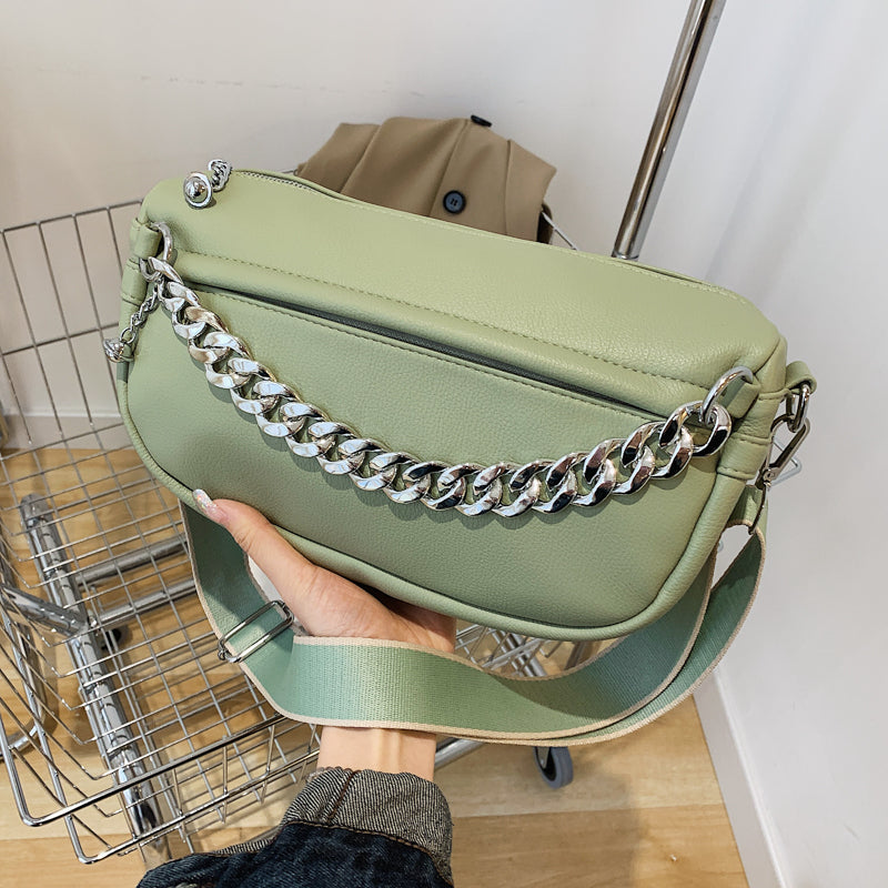 Solid Color Thick Chain Small PU Leather Crossbody Bags For Women 2022 Trend Fashion Shoulder Bag Wide Shoulder Belt Handbags