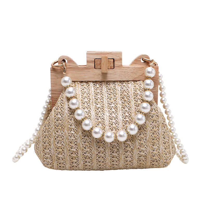 Straw Bag Women Hand-Woven Handbags And Purses 2022 Summer Wooden Rattan Casual Beads Beach Small Shoulder Crossbody Bag