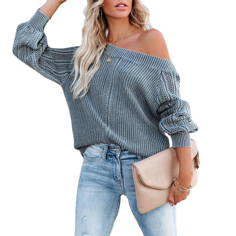 Solid Color Loose V-neck Lantern Sleeve Long Sleeve Sweater