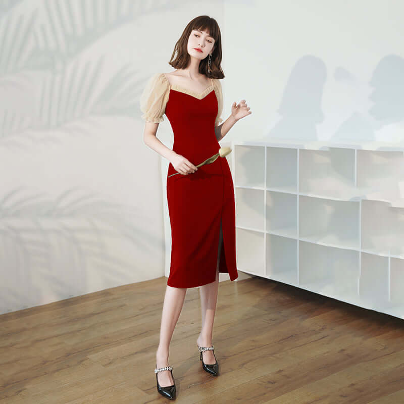 Burgundy Medium Length Dress For Women