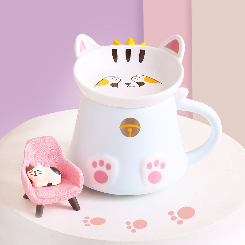 Cartoon Cat Ceramic Mug With Lid Spoon Cup