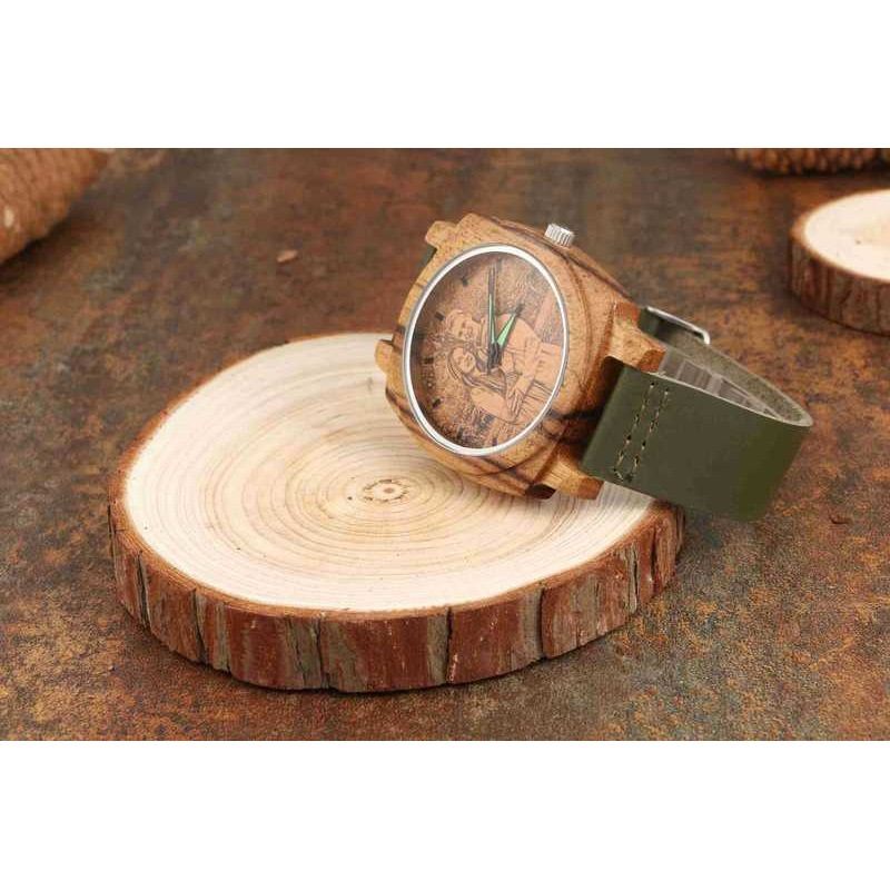 Personalized Custom Photo Square Wood Dark Green Leather Watch