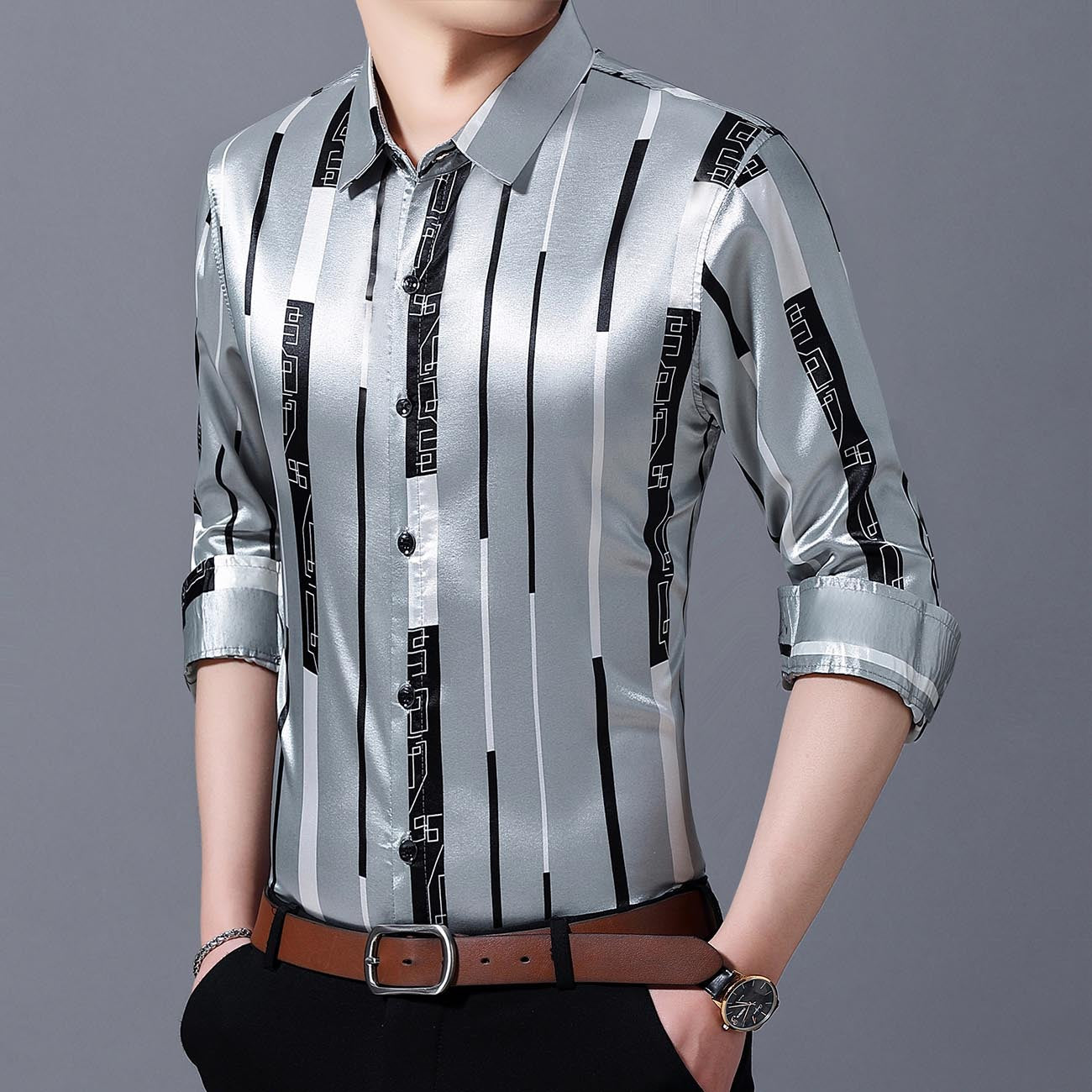 Spring And Autumn Striped Silk Ironing Shirt Men's Long Sleeves