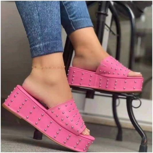 Women Rivet Slippers Summer High Heel Plats Shoes Peep-toe Beach Shoes