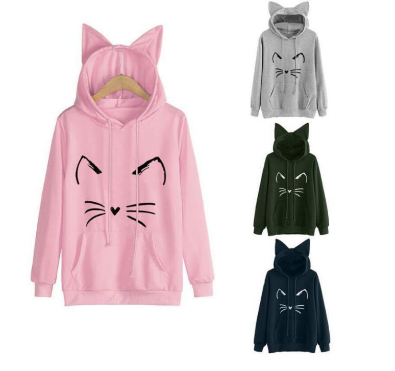 Cat Printing Ear Hooded Women's Sweater