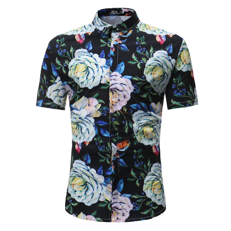 Summer New Men's Slim-fit Pointed Collar Youth Casual Short Sleeve Printed Shirt