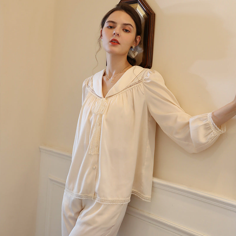 French Lapel Shirt Style Spring Ice Silk Long-sleeved Pajamas Two-piece Loose And Simple Outerwear Household Clothes