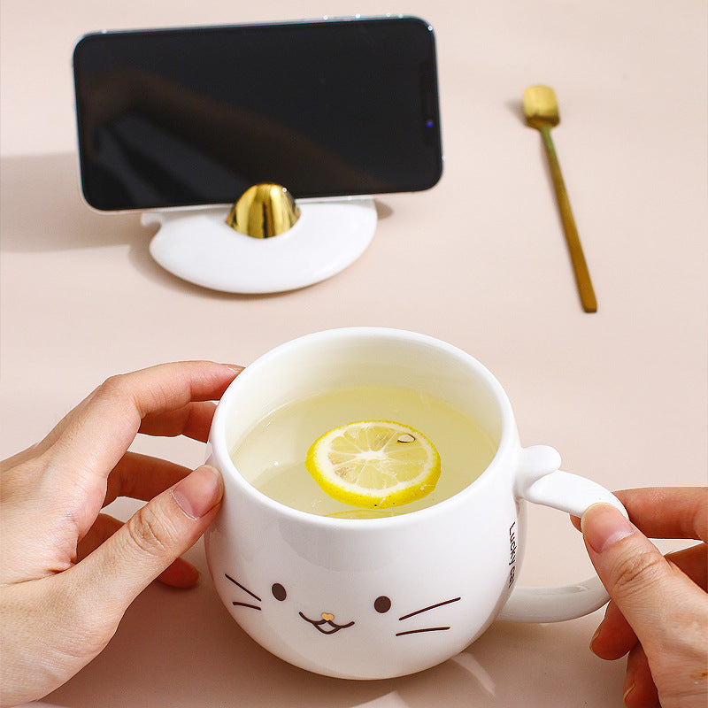 Cat Ceramic Phone Holder Mug With Cover And Spoon