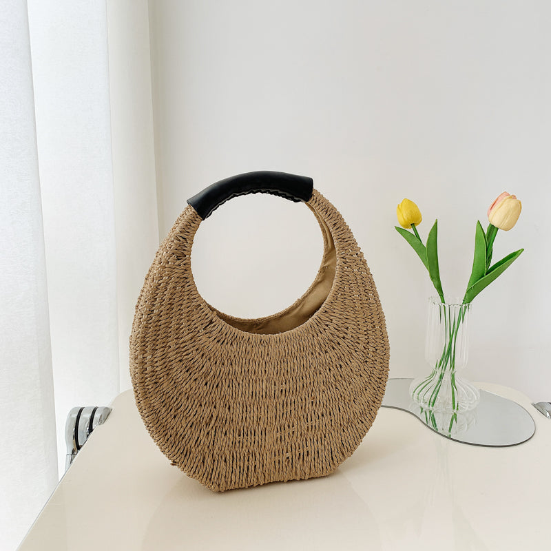 Woman Straw Bag With Round Handle 2022 Summer Travel Woven Totes Handmade Shopper Handbag Rattan Shoulder Bag Beach Purses