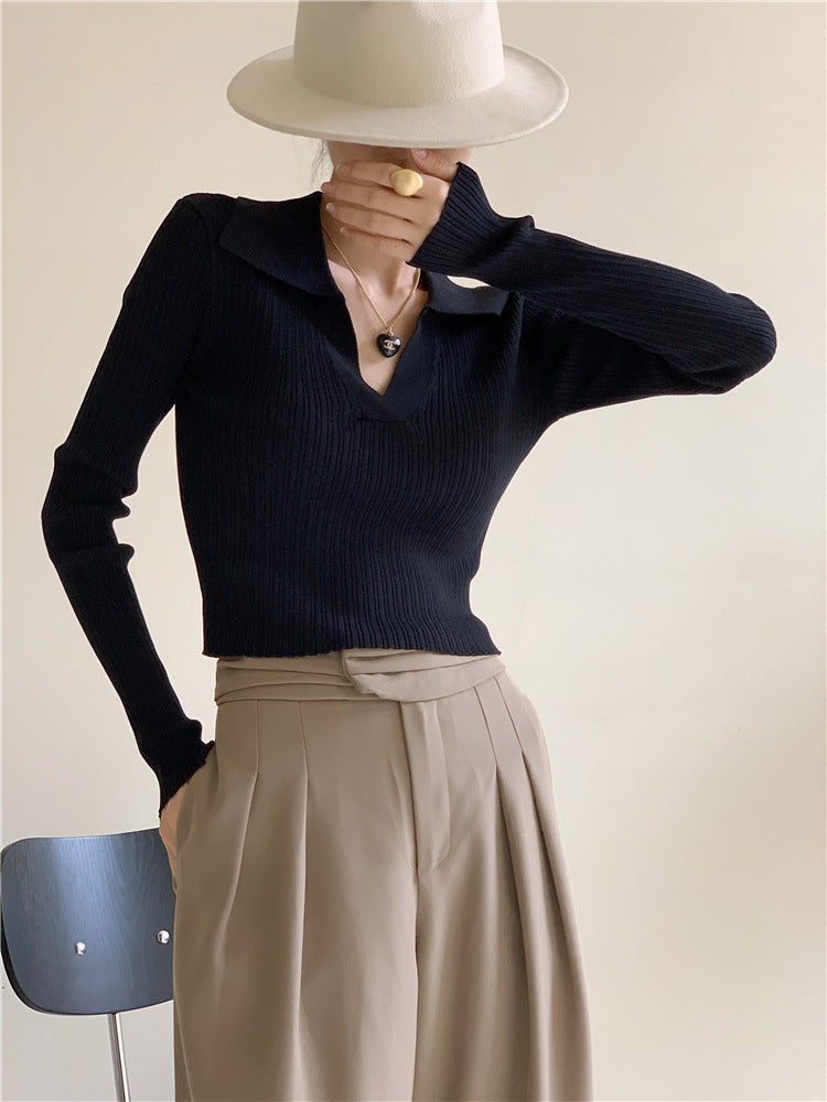 Lapel High Waist Cropped Stretch Easy Sweater