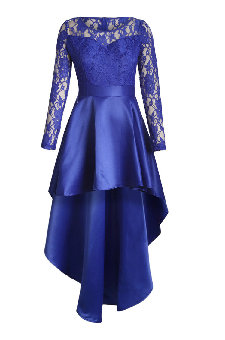 Round Neck Long Sleeve Lace Dovetail Satin Ball Party Dress