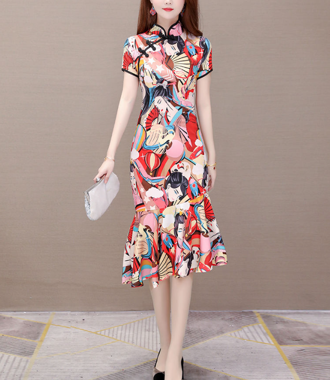 Large Size Dress Slim-fit Improvement Cheongsam In Long Short Sleeve Female