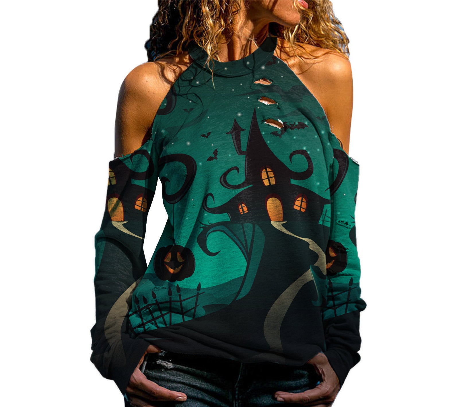 Halloween Off Shoulder Printed Top Womens Casual Loose Stitching Long Sleeved T Shirt