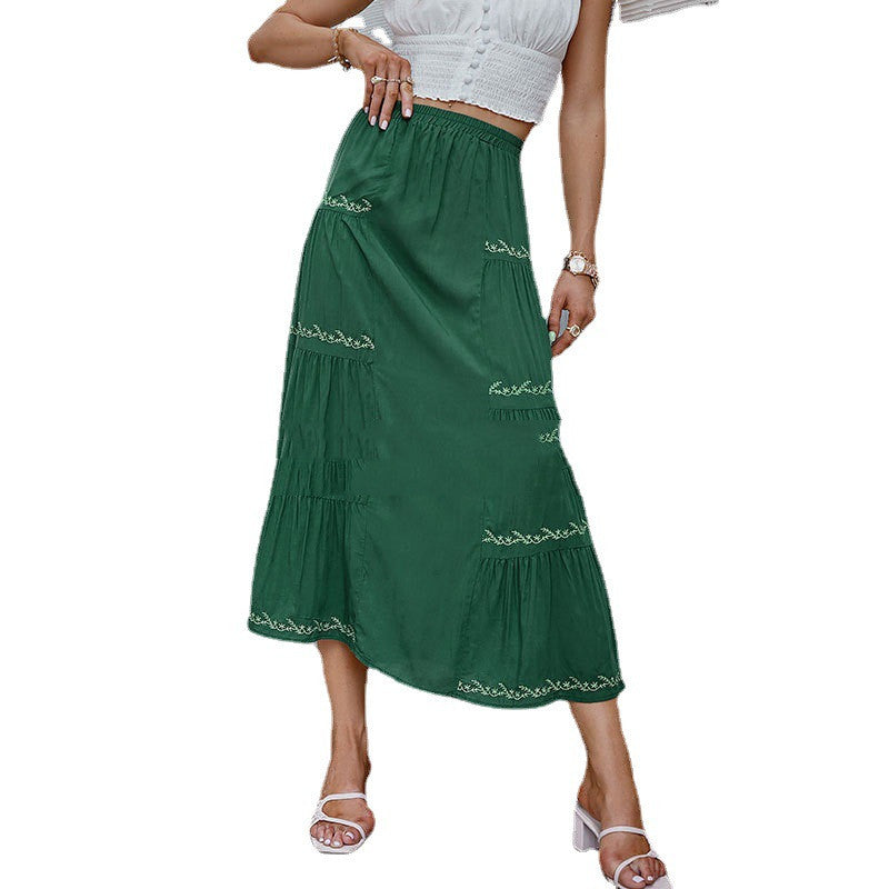 High Waist Green Embroidered Skirt