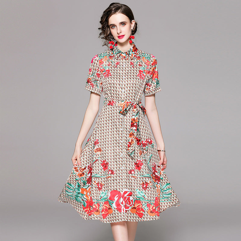 Positioning Printed French Vintage Dress Women With Belt