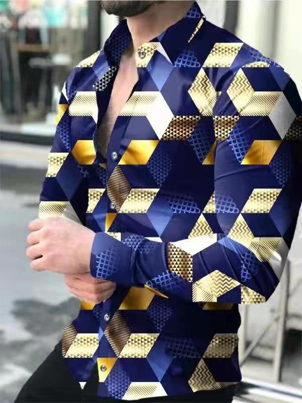 New Street Fashion European And American Youth Long Sleeve Shirt 3D Printed Casual Slim Fit Men Irregular Pattern Print