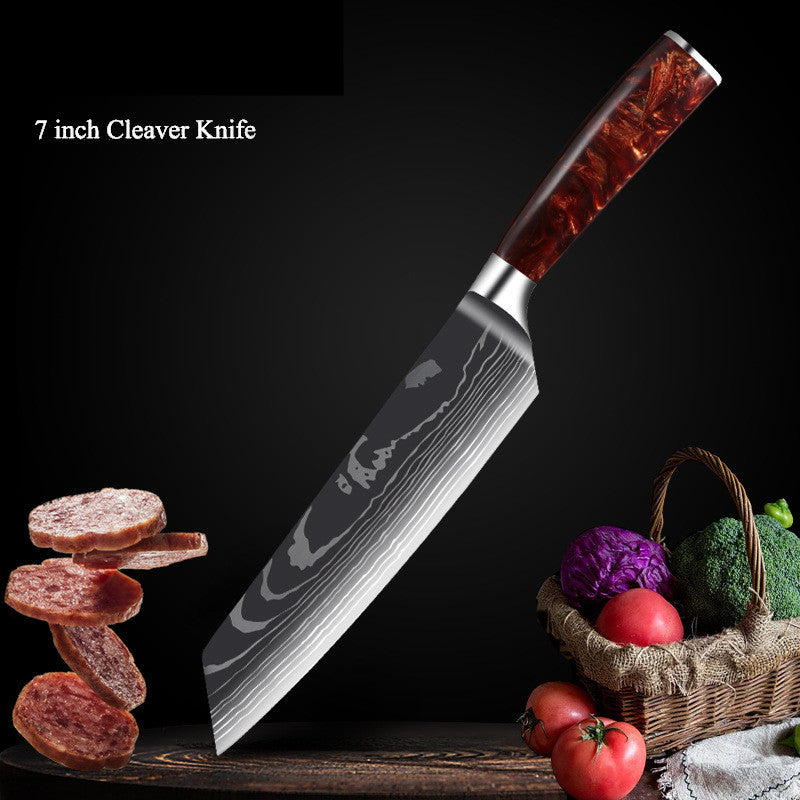 Red Resin Handle Damascus Laser Pattern Set Kitchen Knife