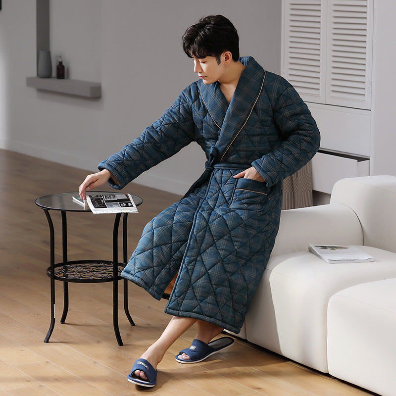 Simple Thick Cotton Long-sleeved Men's Pajamas