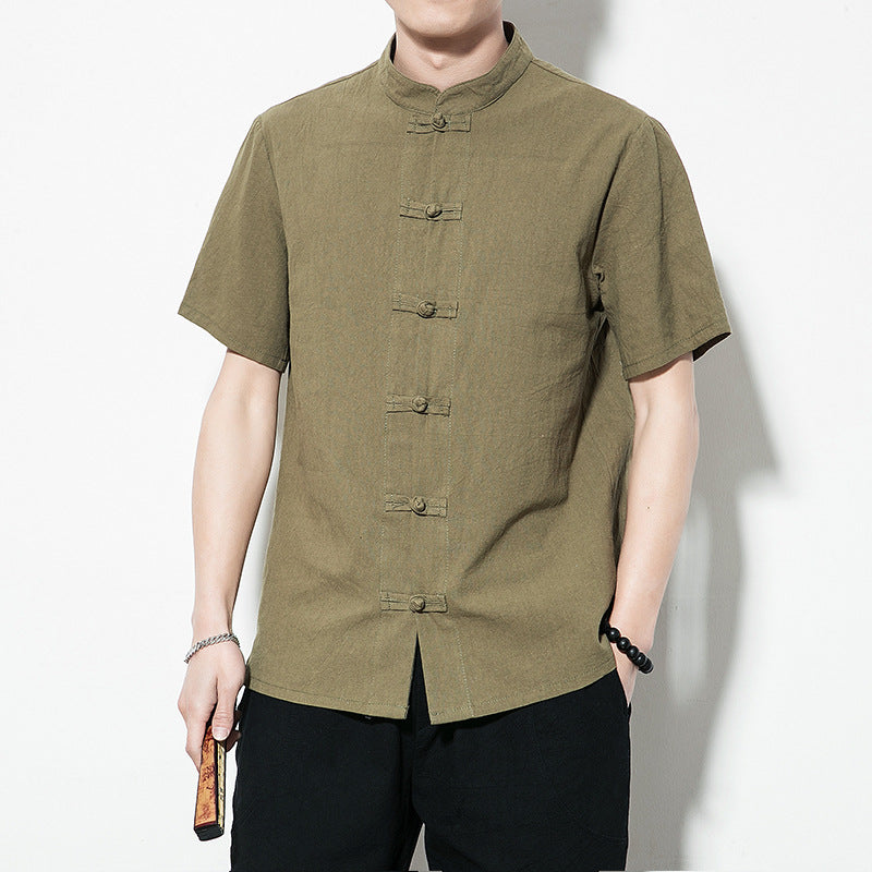 Summer Chinoiserie Stand Collar Button-up Shirt Men's