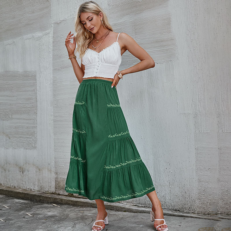 High Waist Green Embroidered Skirt