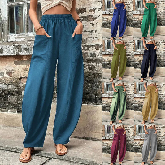 Women's Harem Pants With Pockets High Waisted Casual Beach Pants Loose Trousers