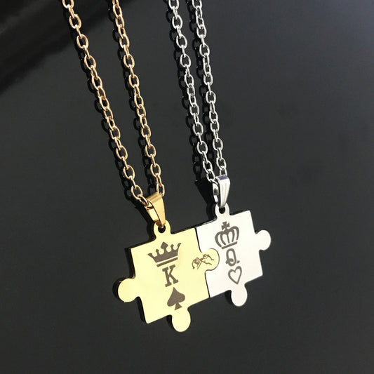 Item Decoration Stainless Steel Couple Necklace King Queen Crown Stitching Pendant