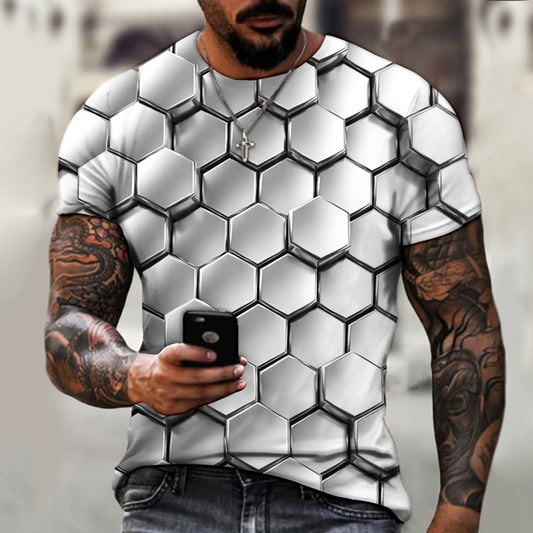 Border Foreign Trade Personalized Honeycomb 3D Printing Casual Short-sleeved T-shirt Foreign Trade