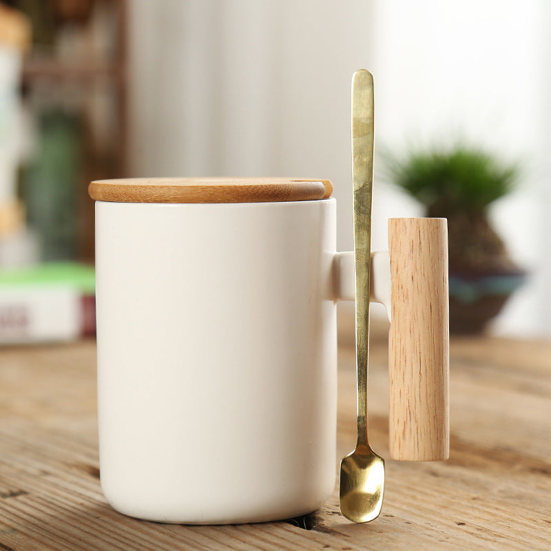 Simple Straight Ceramic Mug With Wooden Handle