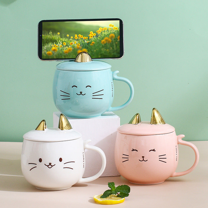 Cat Ceramic Phone Holder Mug With Cover And Spoon