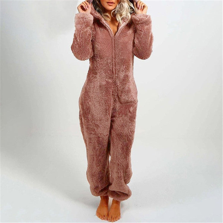 Women'S Plush Thick Plush Plush Jumpsuit Hooded Pajamas Parent-Child Wear