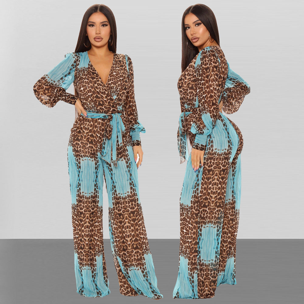 Fashion Digital Printing Long V-neck Chiffon Jumpsuit