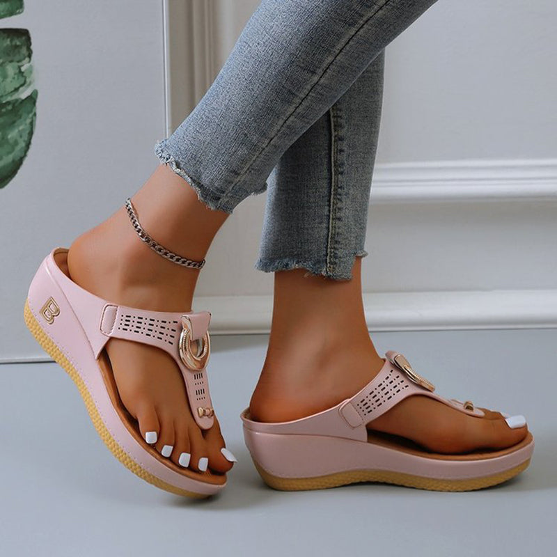 Thong Sandals Women High Heel Wedges Shoes Flip Flops Metal Decorative Slides Slippers